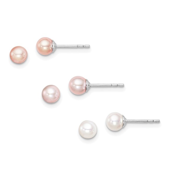 SS Childrens Polished 4-5mm White Pink and Purple RD FWC Pearl Stud Earrings Set
